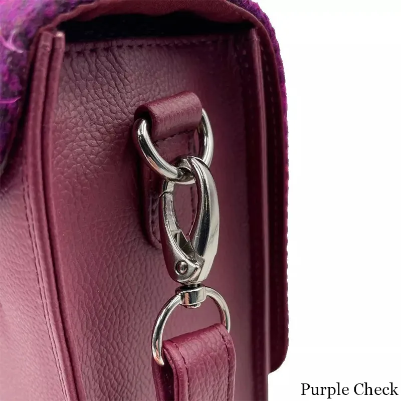 B40275 PURPLE CHECK Colour Handcrafted Mini Harris Tweed Messenger Bag Closeup Strap View Gaelsong