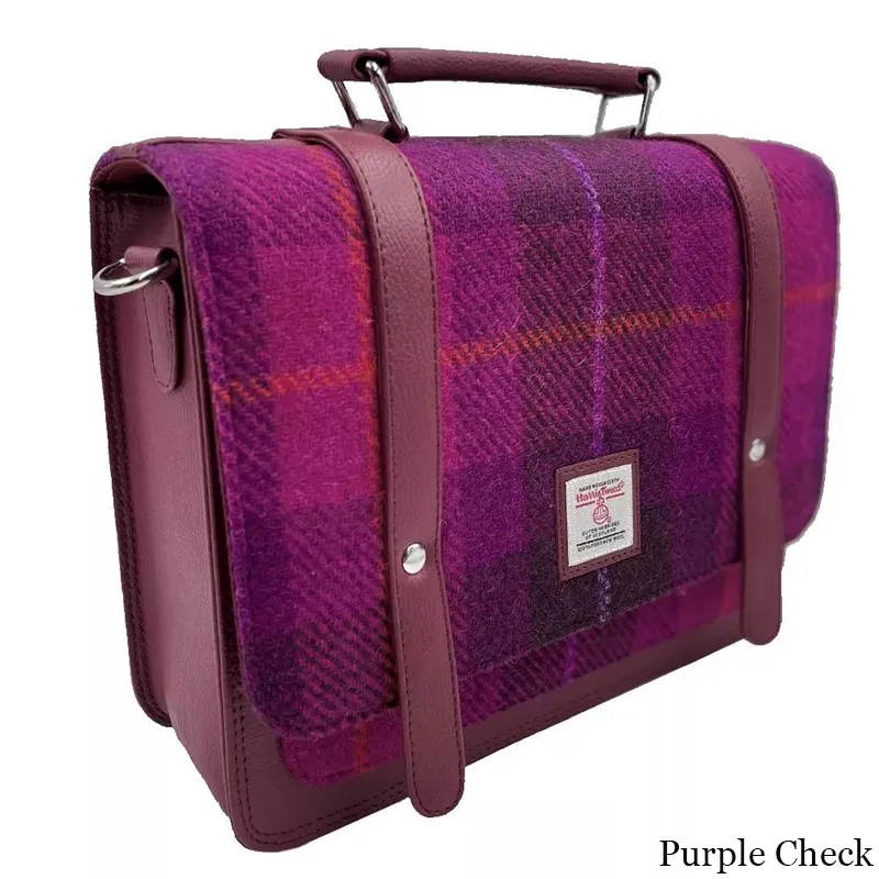 B40275 PURPLE CHECK Colour Handcrafted Mini Harris Tweed Messenger Bag Side View Gaelsong