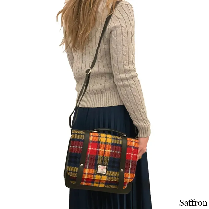 B40275 SAFFRON Colour Handcrafted Mini Harris Tweed Messenger Bag Lifestyle Studio View Gaelsong