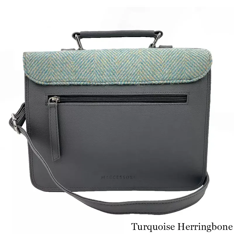 B40275 TURQUOISE HERRINGBONE Colour Handcrafted Mini Harris Tweed Messenger Bag Back Side Gaelsong