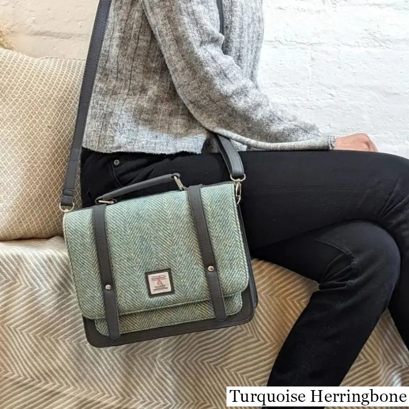 B40275 TURQUOISE HERRINGBONE Colour Handcrafted Mini Harris Tweed Messenger Bag Lifestyle Gaelsong