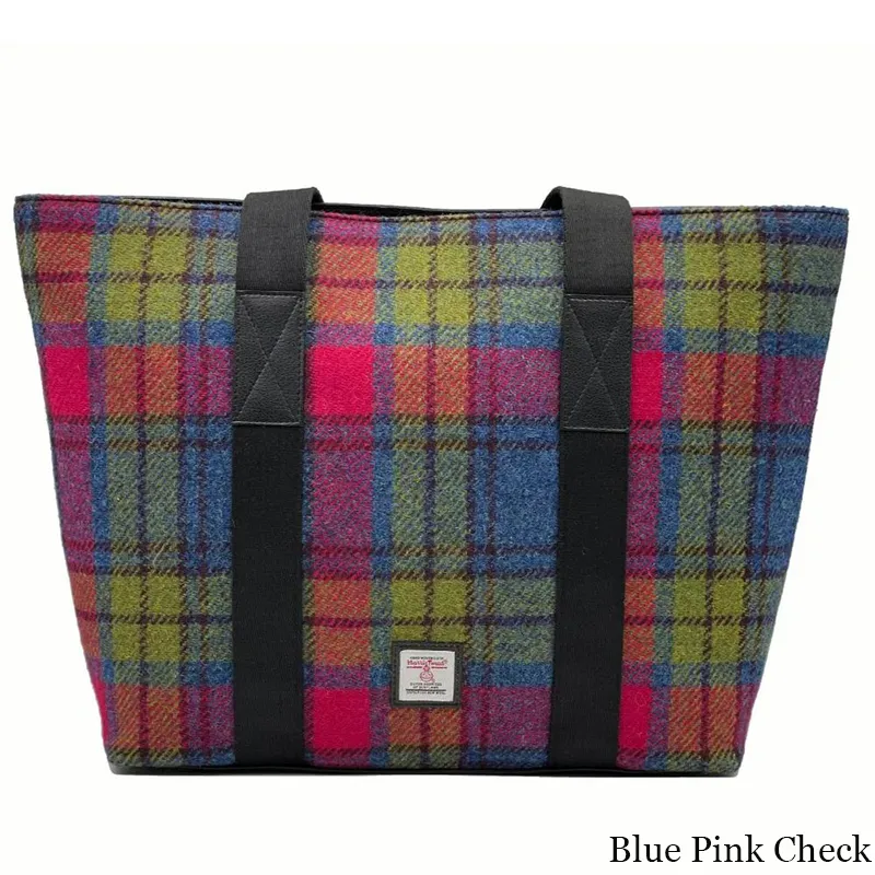 B40276 BLUE PINK CHECK Colour Handmade Harris Tweed Large Shopper Bag Studio Gaelsong