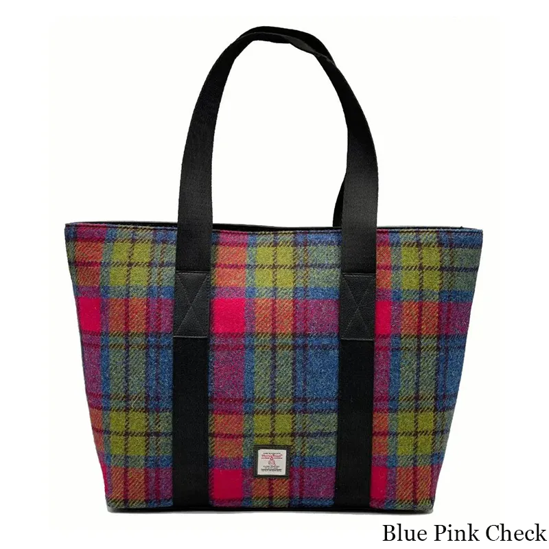 B40276 BLUE PINK CHECK Colour Handmade Harris Tweed Large Shopper Bag Gaelsong