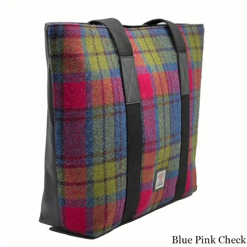 B40276 BLUE PINK CHECK Colour Handmade Harris Tweed Large Shopper Bag Side View Gaelsong
