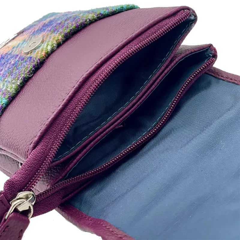 B40277 GREEN PURPLE PLAID Colour Women's Harris Tweed Mini Crossbody Bag Inside View Gaelsong