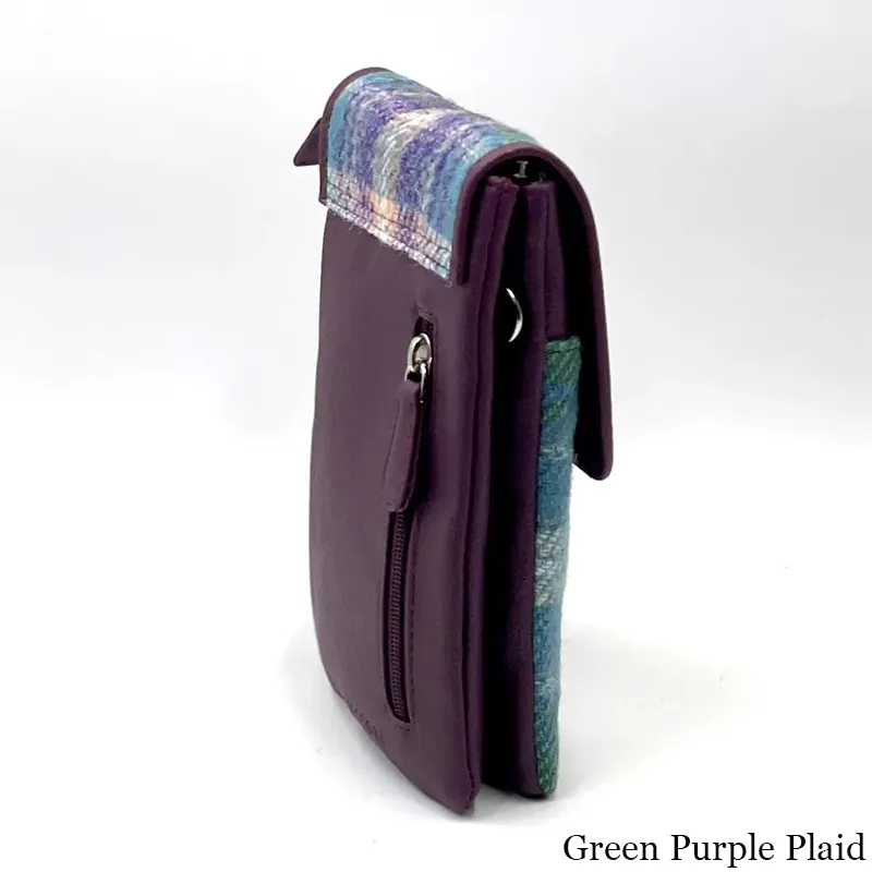 B40277 GREEN PURPLE PLAID Colour Women's Harris Tweed Mini Crossbody Bag Back Side View Gaelsong