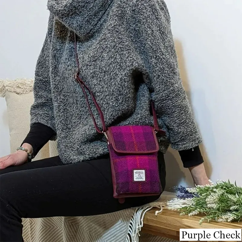 B40277 PURPLE CHECK Colour Women's Harris Tweed Mini Crossbody Bag Lifestyle View Gaelsong