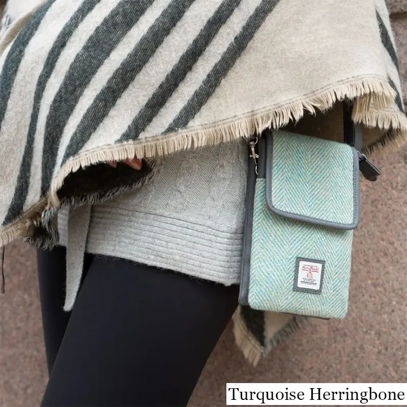 B40277 TURQUOISE HERRINGBONE Colour Women's Harris Tweed Mini Crossbody Bag Lifestyle Closeup View Gaelsong