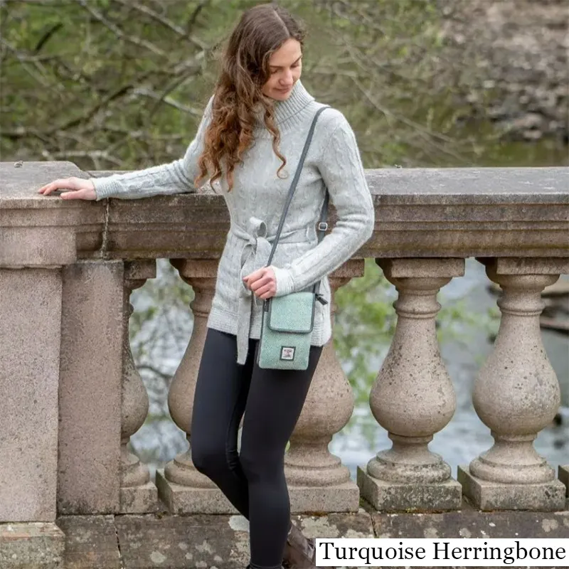 B40277 TURQUOISE HERRINGBONE Colour Women's Harris Tweed Mini Crossbody Bag Lifestyle Gaelsong