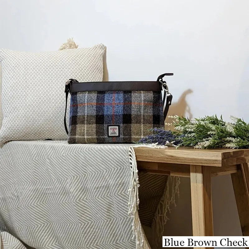 B40278 BLUE BROWN CHECK Colour Ladies Large Harris Tweed Square Shoulder Bag Lifestyle Gaelsong
