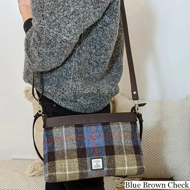 B40278 BLUE BROWN CHECKColour Ladies Large Harris Tweed Square Shoulder Bag Lifestyle Long Strap Gaelsong