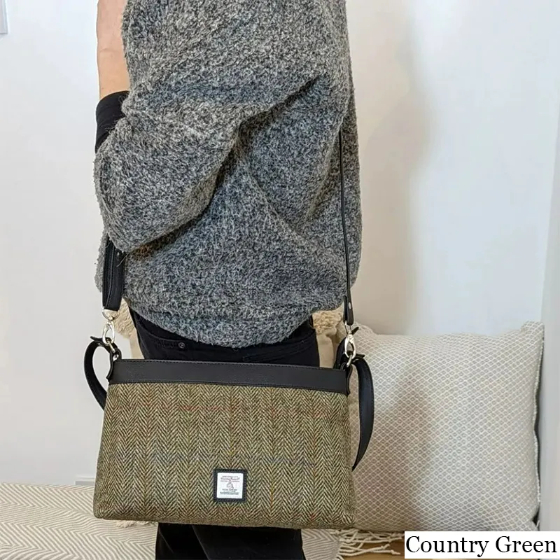 B40278 COUNTRY GREEN Colour Ladies Large Harris Tweed Square Shoulder Bag Lifestyle Long Strap Gaelsong