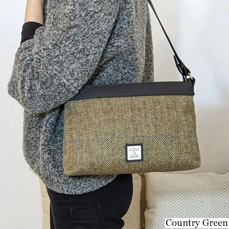 B40278 COUNTRY GREEN Colour Ladies Large Harris Tweed Square Shoulder Bag Lifestyle Short Strap Gaelsong