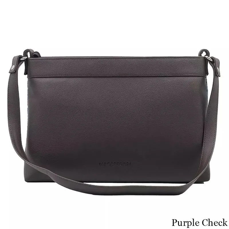 B40278 GREEN PURPLE PLAID Colour Ladies Large Harris Tweed Square Shoulder Bag Back Side View Gaelsong