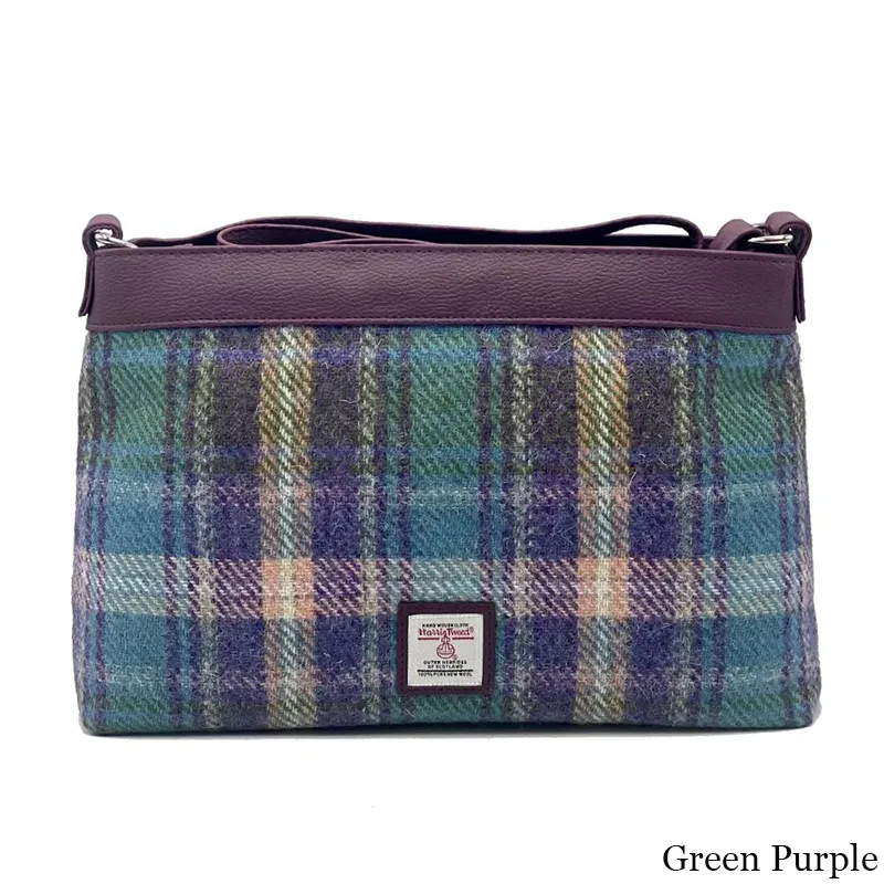 B40278 GREEN PURPLE PLAID Colour Ladies Large Harris Tweed Square Shoulder Bag Gaelsong