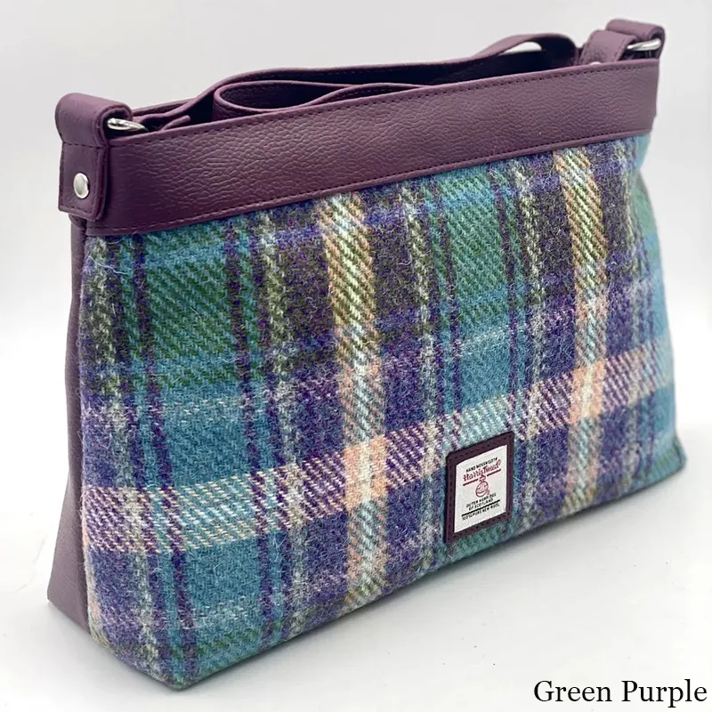 B40278 GREEN PURPLE PLAID Colour Ladies Large Harris Tweed Square Shoulder Bag Side View Gaelsong