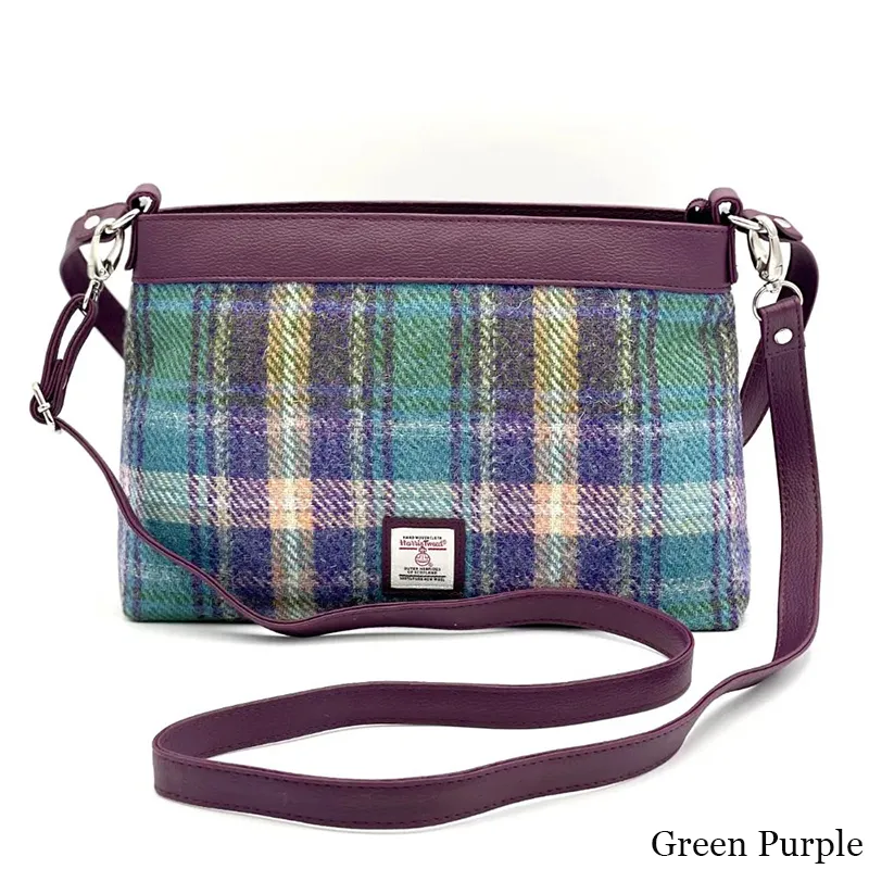 B40278 GREEN PURPLE PLAID Colour Ladies Large Harris Tweed Square Shoulder Bag Strap View Gaelsong