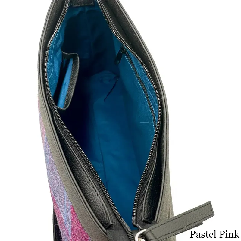 B40278 PASTEL PINK Colour Ladies Large Harris Tweed Square Shoulder Bag Inside Pockets View Gaelsong