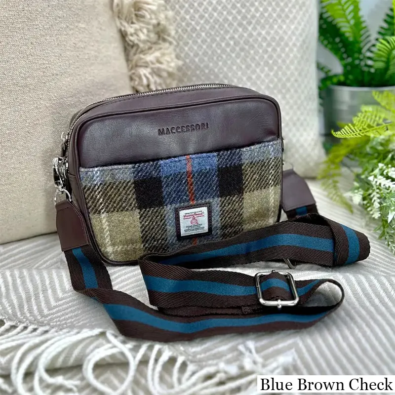 B40280 BLUE BROWN CHECK Colour Genuine Harris Tweed Camera Bag Gaelsong