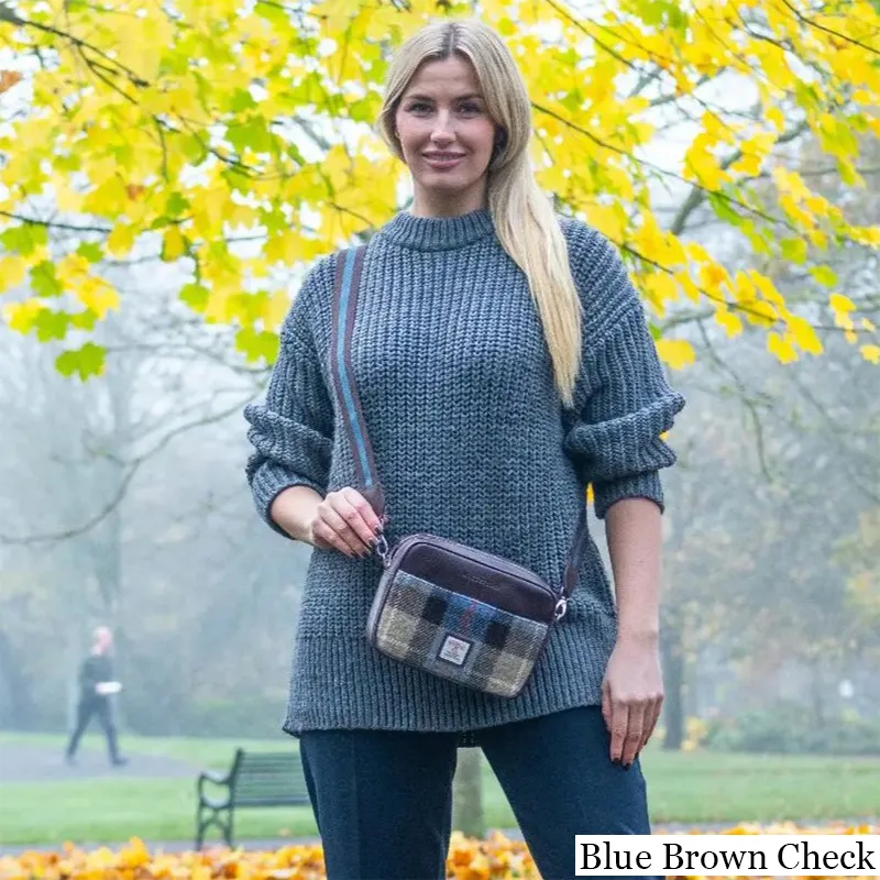 B40280 BLUE BROWN CHECK Colour Genuine Harris Tweed Camera Bag Lifestyle Gaelsong