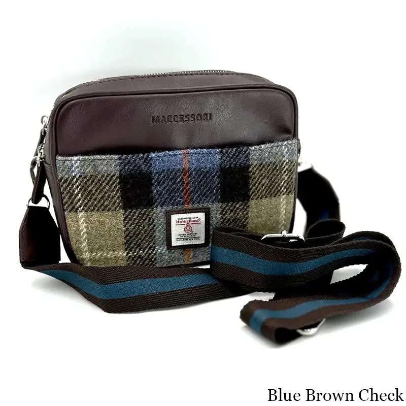 B40280 BLUE BROWN CHECK Colour Genuine Harris Tweed Camera Bag with Strap View Gaelsong