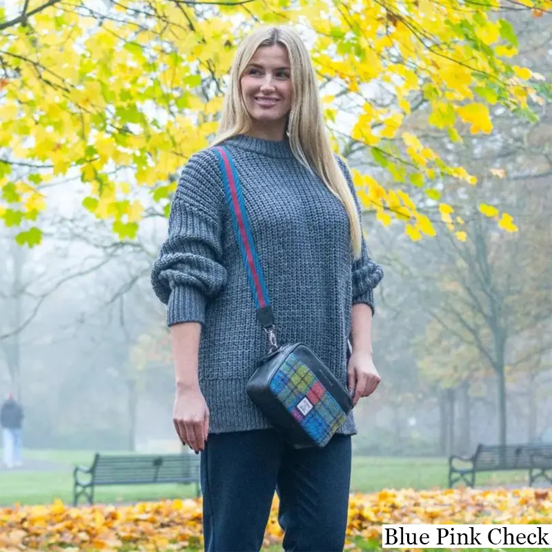 B40280 BLUE PINK CHECK Colour Genuine Harris Tweed Camera Bag Lifestyle Gaelsong