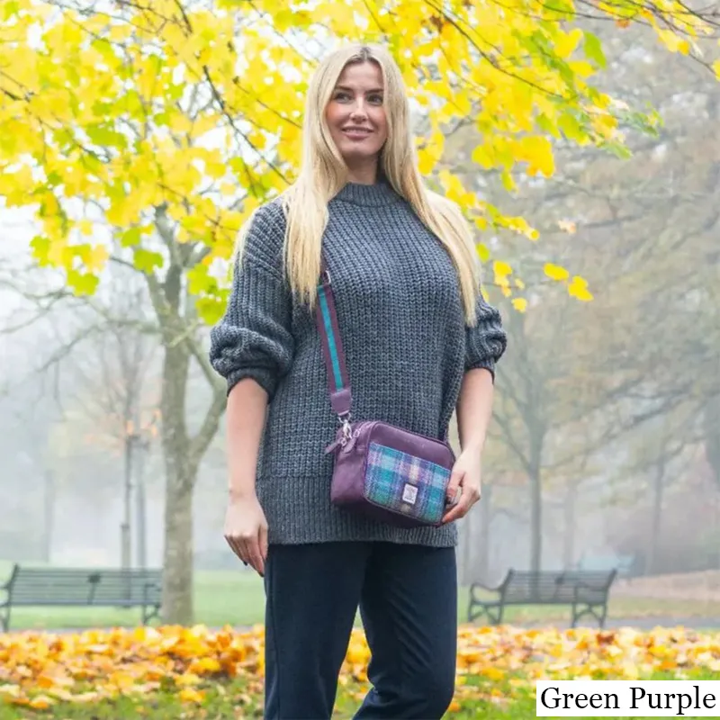 B40280 GREEN PURPLE PLAID Colour Genuine Harris Tweed Camera Bag Lifestyle Gaelsong