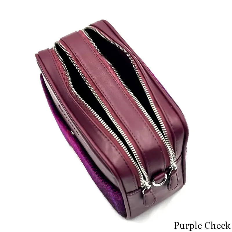 B40280 PURPLE CHECK Colour Genuine Harris Tweed Camera Bag Compartments View Gaelsong