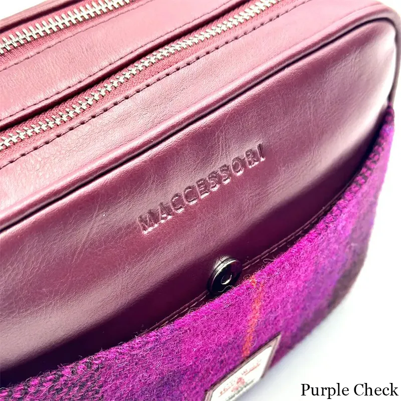 B40280 PURPLE CHECK Colour Genuine Harris Tweed Camera Bag Closeup Front Pocket View Gaelsong
