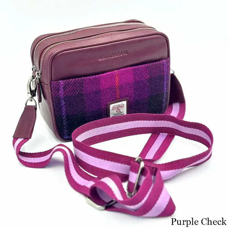 B40280 PURPLE CHECK Colour Genuine Harris Tweed Camera Bag Strap View Gaelsong