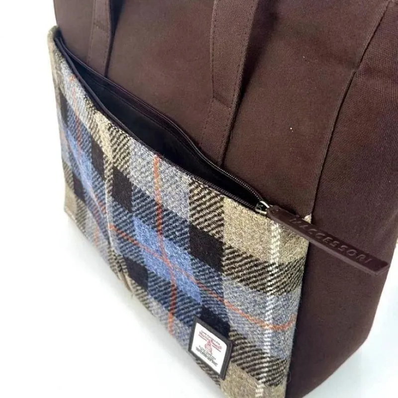 B40282 BLUE BROWN CHECK Colour Large Handcrafted Harris Tweed Travel Bag Front Pocket Gaelsong