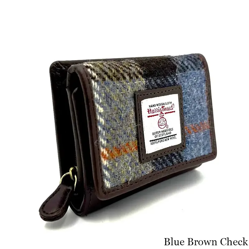 B40282 BLUE BROWN CHECK Colour Handcrafted Harris Tweed Trifold Wallet Sise View Gaelsong