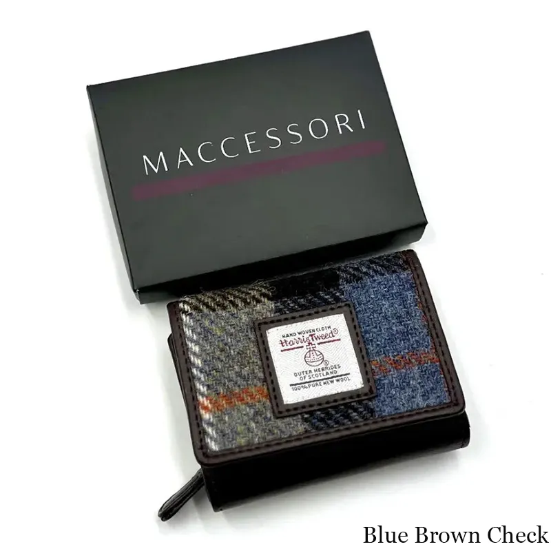 B40282 BLUE BROWN CHECK Colour Handcrafted Harris Tweed Trifold Wallet with Box Gaelsong