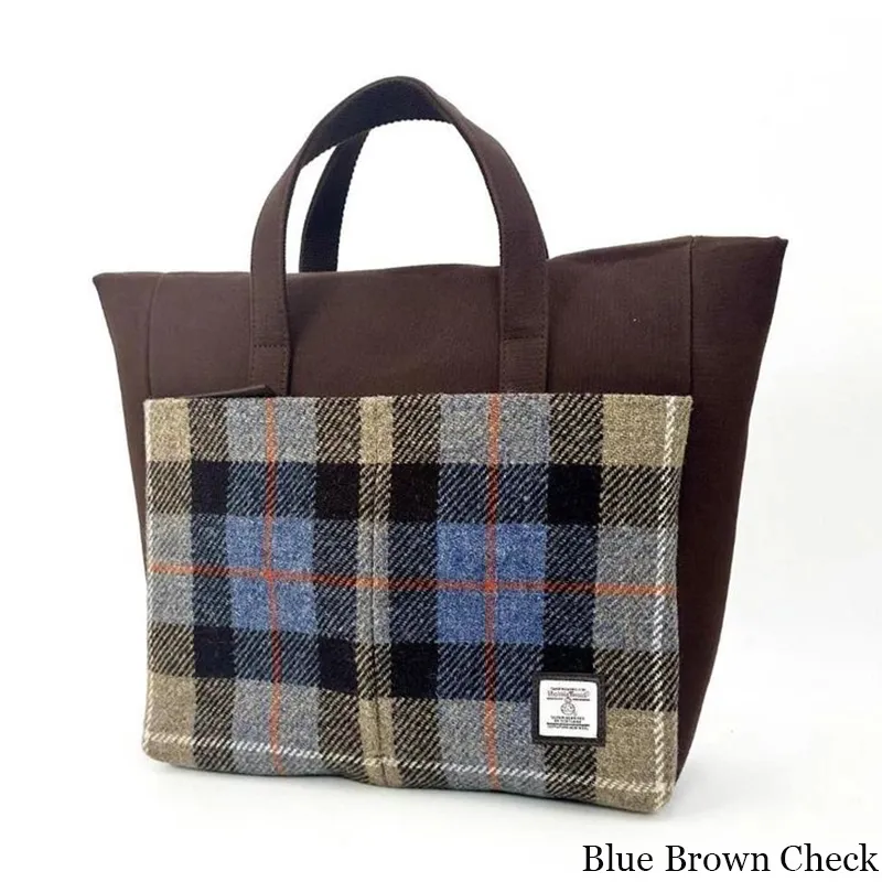 B40282 BLUE BROWN CHECK Colour Large Handcrafted Harris Tweed Travel Bag Gaelsong