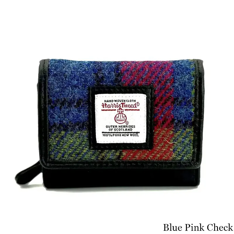 B40282 BLUE PINK CHECK Colour Handcrafted Harris Tweed Trifold Wallet Gaelsong