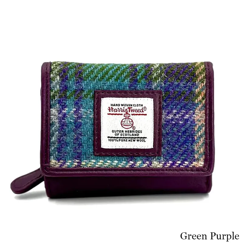 B40282 GREEN PURPLE PLAID Colour Handcrafted Harris Tweed Trifold Wallet Gaelsong