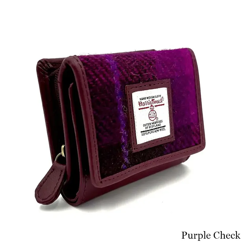 B40282 PURPLE CHECK Colour Handcrafted Harris Tweed Trifold Wallet Gaelsong