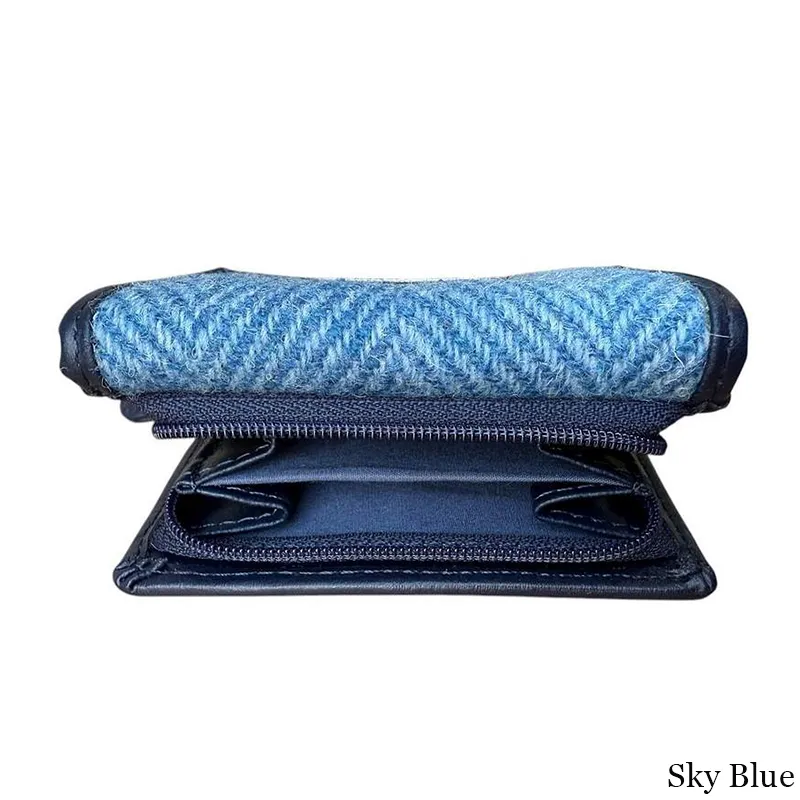 B40282 SKY BLUE Colour Handcrafted Harris Tweed Trifold Wallet Side View Gaelsong