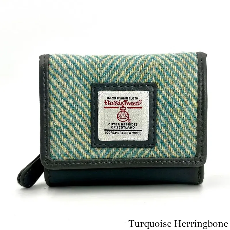 B40282 TURQUOISE HERRINGBONE Colour Handcrafted Harris Tweed Trifold Wallet Gaelsong