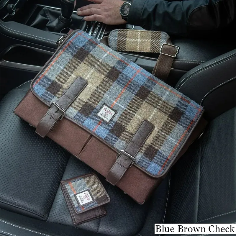 B40287 BLUE BROWN CHECK Colour Genuine Harris Tweed Bifold Wallet for Men Lifestyle Gaelsong