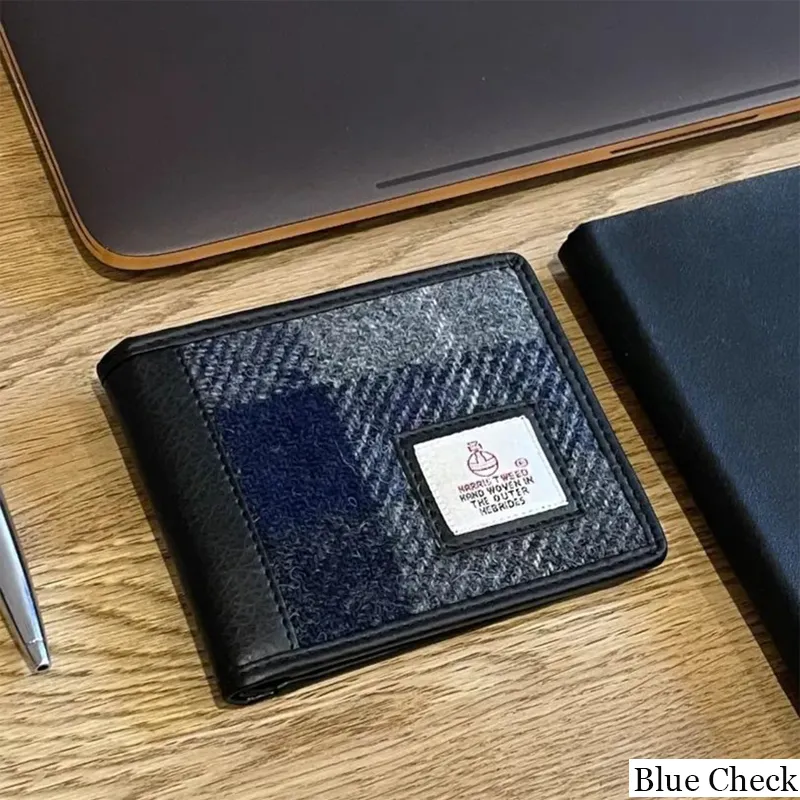 B40287 BLUE CHECK Colour Genuine Harris Tweed Bifold Wallet for Men Lifestyle Gaelsong