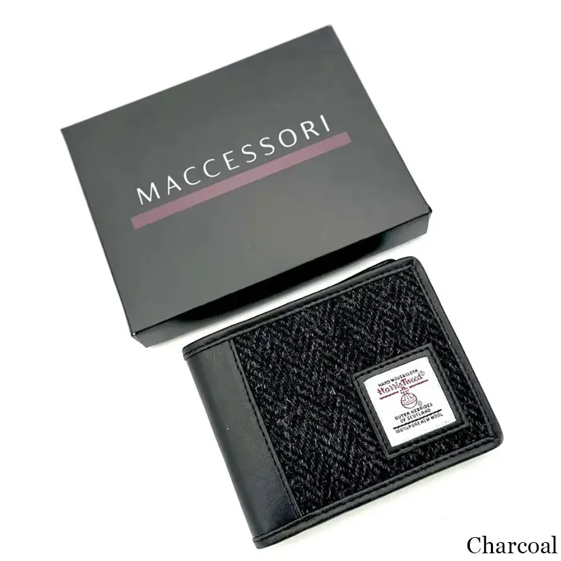 B40287 CHARCOAL Colour Genuine Harris Tweed Bifold Wallet for Men with Box Gaelsong