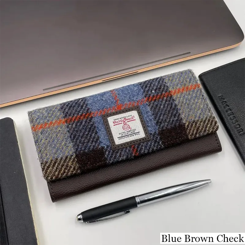 B40292 BLUE BROWN CHECK Colour Women Handmade Harris Tweed Long Wallet Lifestyle Gaelsong