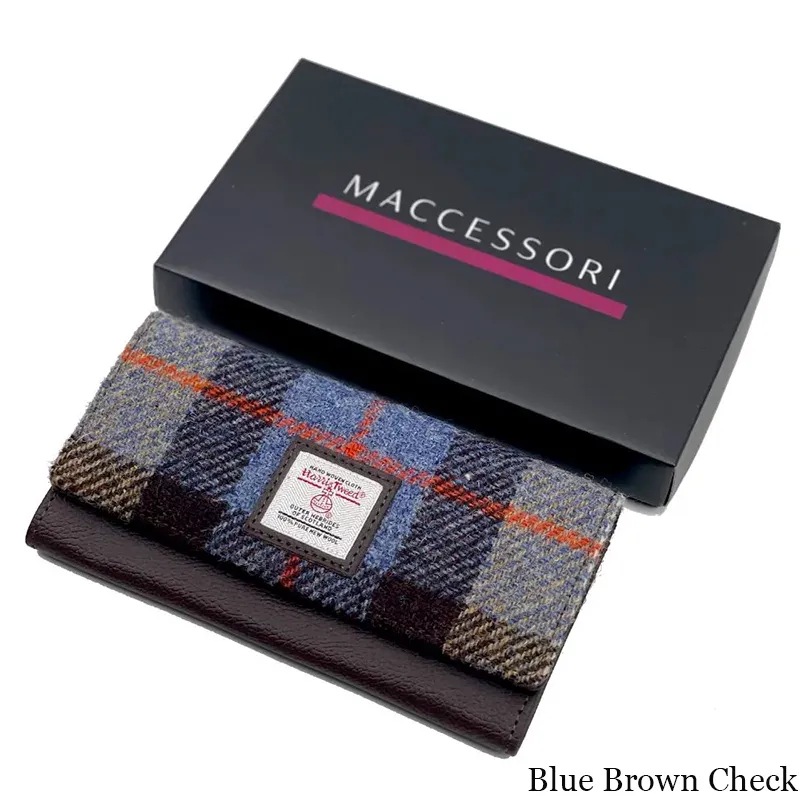 B40292 BLUE BROWN CHECK Colour Women Handmade Harris Tweed Long Wallet with Box Gaelsong