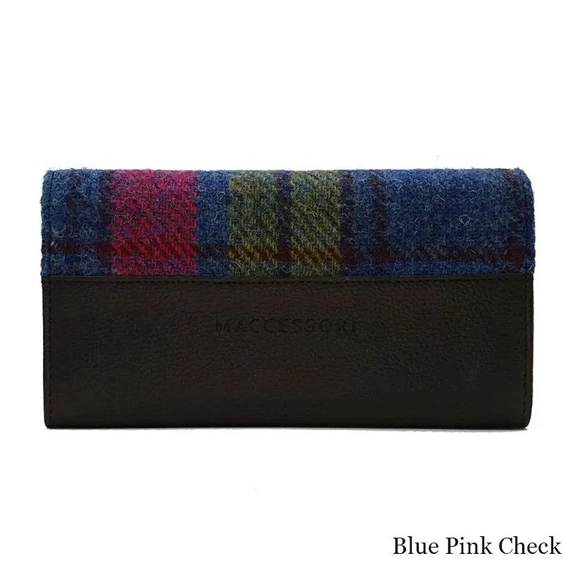 B40292 BLUE PINK CHECK Colour Women Handmade Harris Tweed Long Wallet Back Side View Gaelsong