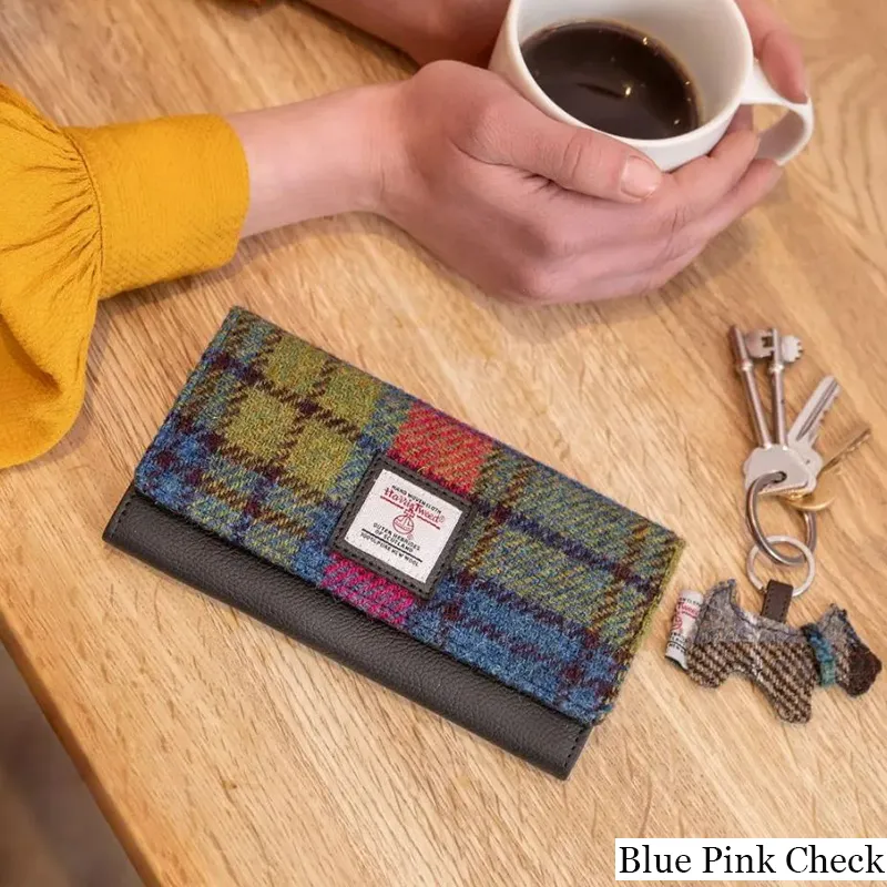 B40292 BLUE PINK CHECK Colour Women Handmade Harris Tweed Long Wallet Lifestyle Gaelsong