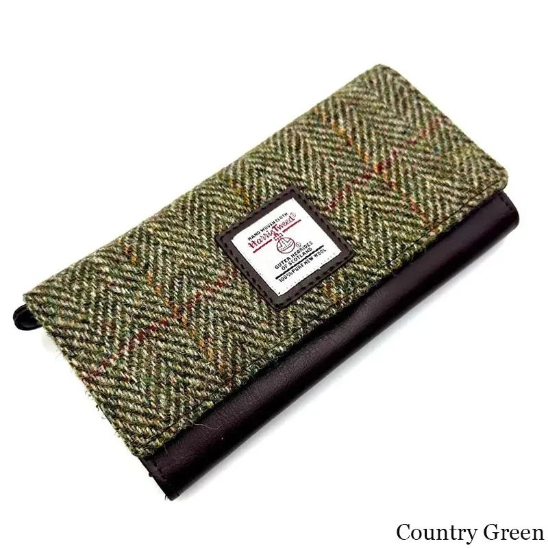 B40292 COUNTRY GREEN Colour Women Handmade Harris Tweed Long Wallet Side View Gaelsong