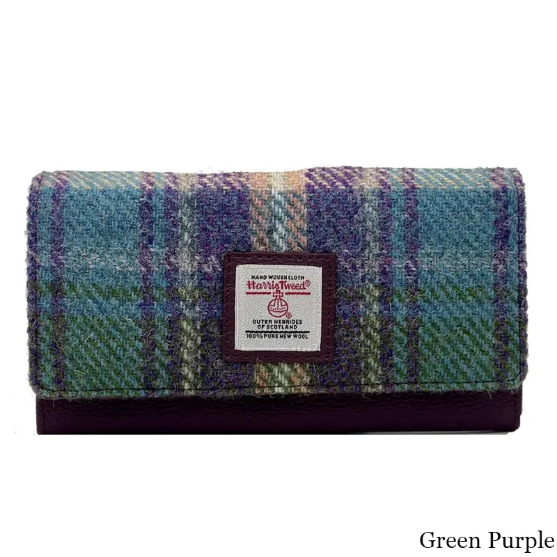 B40292 GREEN PURPLE PLAID Colour Women Handmade Harris Tweed Long Wallet Gaelsong