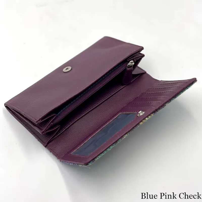 B40292 GREEN PURPLE PLAID Colour Women Handmade Harris Tweed Long Wallet Open View Compartments Gaelsong