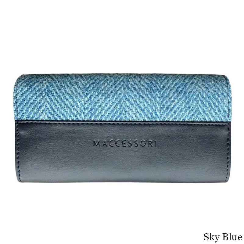 B40292 SKY BLUE Colour Women Handmade Harris Tweed Long Wallet Back Side View Gaelsong